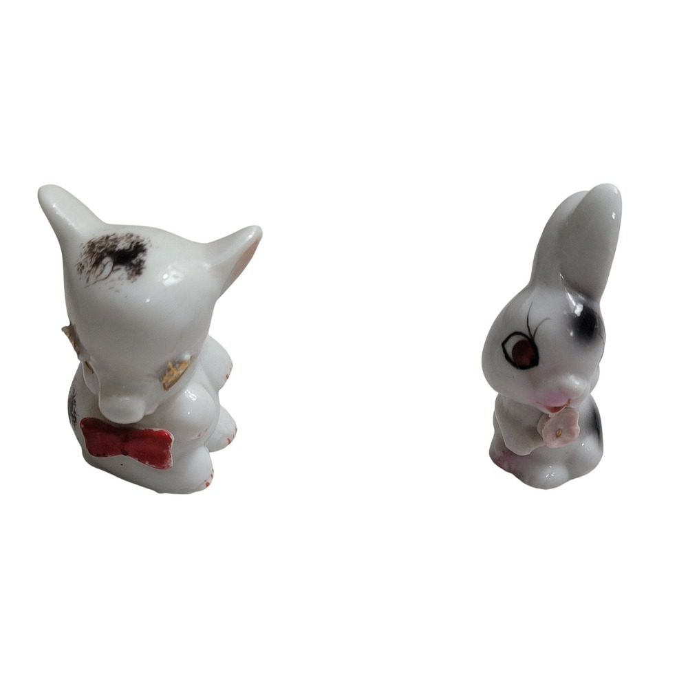 Vintage Japan Ceramic Miniature Elephant and Bunny Figurines Set White Black Red